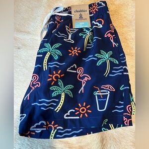 chubbies Navy Swim Trunks with Neon Palm & Flamingo Print